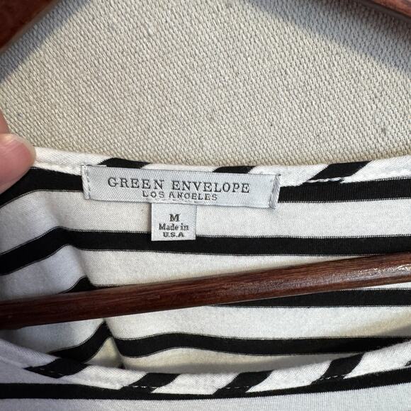 Green Envelope Top Size M Black White Striped Short Ruffle Sleeve Casual Tee - Picture 4 of 9